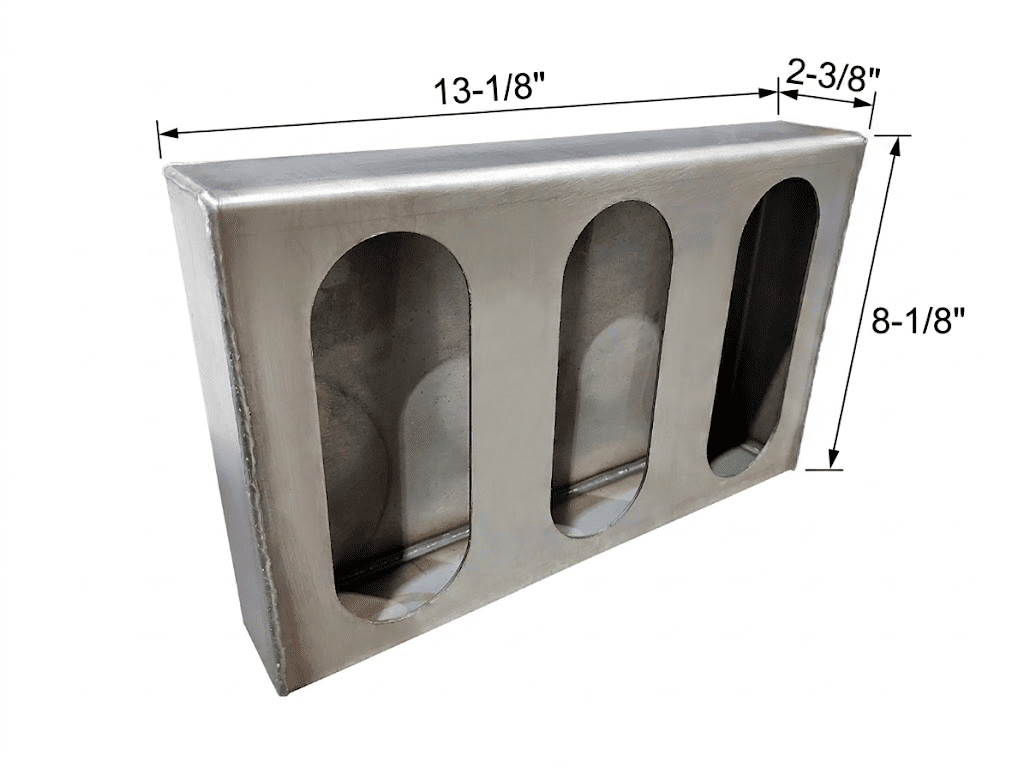 Mechanical line drawing of light box, 13-1/8 inches long by 8-1/8 inches high by 2-3/8 inches deep