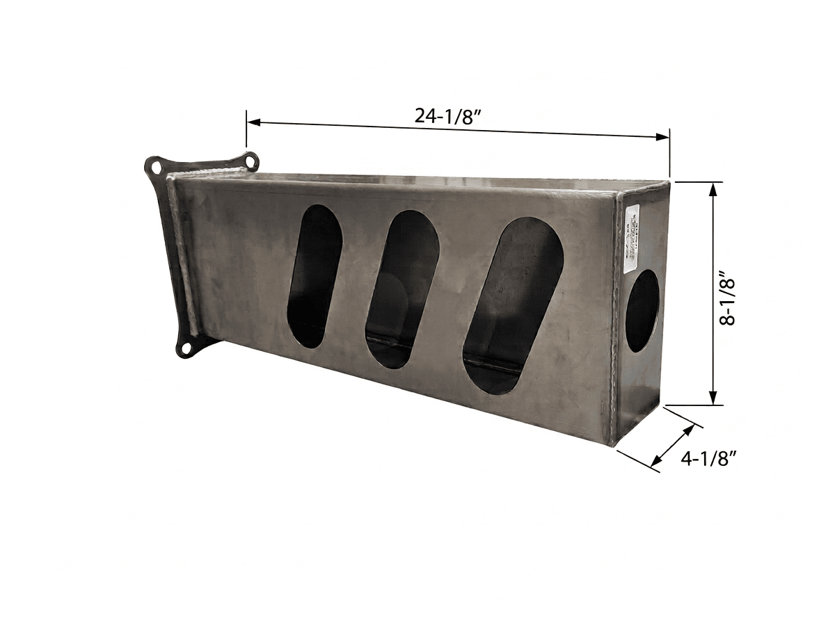 A mechanical line drawing of a right hand light box with oval holes and an overall dimension of 24-1/8" x 10-3/8" x 6-3/8"