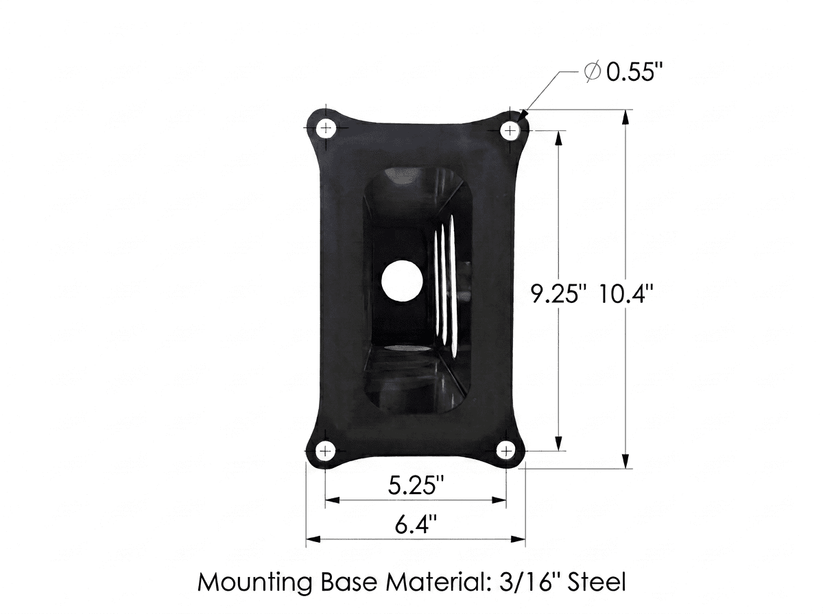 A mechanical line drawing of a light box mounting plate, 10.4 inches by 6.4 inches with four 0.55 inch mounting holes